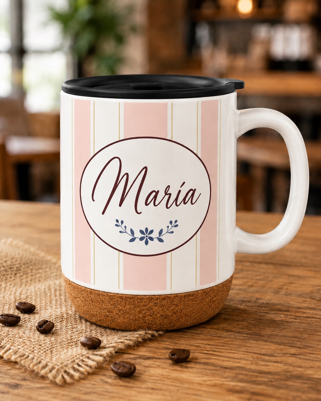 Taza de cerámica personalizada con tapa y base de corcho